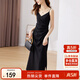 尚都比拉設計感抽褶收腰顯瘦中長(cháng)款V領(lǐng)吊帶連衣裙夏季修身小黑裙 黑色 S 
