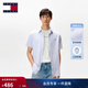 TOMMY JEANS【棉麻混紡】春夏男裝休閑海邊度假風(fēng)細條紋短袖襯衫外套 淺藍白條紋0A8 M