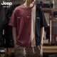 JEEP SPIRIT高端美式復古純棉短袖t恤男夏季大碼寬松撞色半袖上衣五分體恤男 酒紅色 L 建議120-140斤