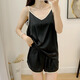 暢印冰絲睡衣女夏天薄款性感可外穿休閑吊帶背心短褲兩件套寬松家居服 經(jīng)典黑-緞面冰絲套裝 M （推薦80-120斤）