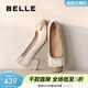 百麗（Belle）舒適優(yōu)雅單鞋女蝴蝶結牛皮方跟鞋D3S1DAQ5預售 米白 37