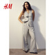 H&M女裝休閑褲春季高腰直筒透氣職業(yè)通勤亞麻混紡休閑長(cháng)褲1211992 淺灰色 S 160/72