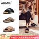AU&MU春夏季牛皮勃肯鞋一字拖外穿男女士涼拖鞋軟木厚底懶人鞋一腳蹬 G986黑色-男女款【絨面牛皮】 39