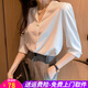 歐貝汐白色雪紡襯衫女半袖夏季新款感小眾職業(yè)襯衣鎖骨v領(lǐng)五分袖上衣潮 白色 L