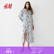 H&M女裝連衣裙春季度假風(fēng)燈籠袖植物海洋印花長(cháng)裙1239045 白色/貝殼 建議拍小一碼 XL 175/116