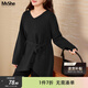 MsShe【軟糯收腰長(cháng)款毛衣】大碼女裝2026新款春裝胖mm寬松V領(lǐng)上衣 黑色現貨 3XL
