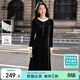 尚都比拉撞色花邊絲絨連衣裙女冬季優(yōu)雅圓領(lǐng)長(cháng)袖A字裙藏肉顯瘦氣質(zhì)中長(cháng)裙