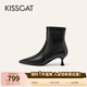 接吻貓KISSCAT【巴黎側影】25冬尖頭細跟真皮短靴加絨時(shí)裝靴瘦瘦靴 黑色-羊皮 37
