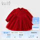 戴維貝拉女童加絨連衣裙秋冬兒童紅色公主裙周歲禮服裙子