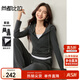 尚都比拉秋季通勤撞色女士套裝V領(lǐng)連帽收褶顯瘦長(cháng)袖T恤直筒休閑長(cháng)褲兩件套