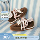 他她（TATA）緞面物語(yǔ)女鞋春季阿甘鞋休閑德訓鞋平底運動(dòng)鞋GXT03AM6 棕/粉 38