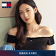 TOMMY JEANS春夏女裝復古甜美性感一字肩褶皺辣妹修身短款短袖上衣T恤 黑色BDS S