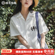 馬登女裝 貓咪刺繡短袖襯衫夏秋季華夫格透氣襯衣復古休閑通勤上衣 白色 L