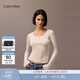 Calvin KleinJeans春秋女士含桑蠶絲休閑通勤ck純色圓領(lǐng)內搭打底衫針織衫 YBI-牛乳白 S