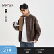 三福（SANFU）2025冬季男士英文刺繡PU皮衣夾克 舒適絨里翻領(lǐng)外套509997 咖啡色 M