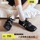 MIO米奧芭蕾運動(dòng)瑪麗珍2026春新款閃鉆綁帶女阿甘舞鞋裂紋皮單鞋 墨曜黑 38 (240mm)