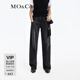 MO&Co.牛仔褲小香風(fēng)編織鑲邊高腰直筒闊腿棉質(zhì)設計感褲裝摩安珂 牛仔黑色 XS 25