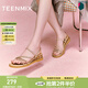 天美意拖鞋女坡跟條帶軟底外穿涼鞋舒適簡(jiǎn)約百搭時(shí)尚女鞋CTI20BT4 粉金 35