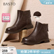 百思圖冬季商場(chǎng)新款圓頭羊皮靴通勤粗跟女短靴馬丁靴S3055DD5 棕色 38
