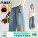 ASK JUNIOR兒童褲子2025冬季中大童加絨保暖牛仔褲女童繡花休閑長(cháng)褲 藍色