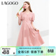 LAGOGO氣質(zhì)收腰舒適透氣連衣裙女拉谷谷夏季新款泡泡袖顯瘦A字裙 粉紅色(H8) L