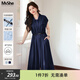 MsShe【巨顯瘦法式連衣裙】大碼女裝2025夏裝胖mm收腰巨遮肚裙子 藏青藍色現貨 3XL