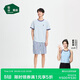 松山棉店萌寵條紋短袖短褲套裝情侶睡衣夏棉莫家居服寬松男士-淺藍L