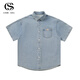 COMIC SOUL復古做舊洗水牛仔短袖襯衫男夏季款寬松休閑潮牌半袖襯衣工裝外套 淺藍色 M
