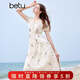 百圖betu女裝夏季新款連衣裙V領(lǐng)雪紡印花腰部打條連衣裙女2404T92 杏色 M