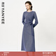 顏域設計感掐腰連衣裙女2025新款秋裝高級感長(cháng)袖過(guò)膝顯瘦氣質(zhì)長(cháng)裙 藍色 L