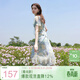 三彩2025夏季新款荷葉邊印花雪紡裙連衣裙度假風(fēng)長(cháng)裙F