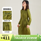 金菊25新款重磅真絲桑蠶絲A字裙中式國風(fēng)立領(lǐng)褶皺斜襟長(cháng)袖女式連衣裙 綠色 XL