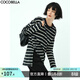 COCOBELLA立體段彩黑白色織條紋長(cháng)袖T恤女側開(kāi)叉休閑上衣TS99 黑白條 L