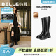 百麗（Belle）顯瘦小V彈力高靴女冬季新款商場(chǎng)同款厚底增高騎士靴 黑色-皮面（絨里） 38
