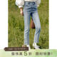 紫涵修身牛仔喇叭褲九分褲女秋季彈力緊身長(cháng)褲紐扣下擺 牛仔藍 M