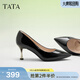 他她（TATA）女鞋高跟鞋尖頭新款細跟裸色通勤單鞋女鞋氣質(zhì)新 黑色（舒適牛皮革-7cm） 38