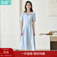 茵曼（INMAN）七七同款連衣裙2025夏女新品荷葉領(lǐng)收褶收腰寬松大擺法式中長(cháng)裙 藍色 L