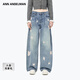 ANN ANDELMAN【檀健次同款】藍色闊腿牛仔褲繡花蝴蝶水洗休閑彎刀褲 藍色 25