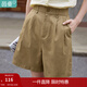 茵曼（INMAN）闊腿五分褲女士夏季新款松緊顯瘦高腰直筒休閑新疆棉短褲 深卡其 S