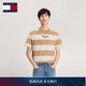 TOMMY JEANS【撞色條紋】春夏男裝純棉平紋針織休閑拼色刺繡短袖T恤上衣 卡其白條紋AB0 L