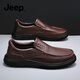 JEEP吉普男士皮鞋夏季新款英倫風(fēng)軟底透氣休閑鞋一腳蹬樂(lè )福豆豆鞋防滑 棕色 標準皮鞋碼 41