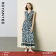 顏域碎花背心連衣裙女2026夏季新款法式復古拼接收腰V領(lǐng)魚(yú)尾長(cháng)裙 藍花 M