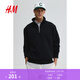 H&M男裝女裝衛衣春季半拉鏈立領(lǐng)保暖加絨重磅潮流情侶套衫1241739 黑色014 L 175/108