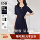 歐莎（OSA）短袖連衣裙子女夏季2025新款收腰顯瘦復古襯衫裙子中長(cháng)款 藏藍色 M