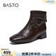 百思圖冬季商場(chǎng)新款氣質(zhì)法式及踝靴羊皮靴粗跟女短靴BN889DD5 棕色 35