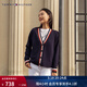 Tommy Hilfiger【羊毛羊絨混紡】秋冬女裝休閑慵懶拼色寬松V領(lǐng)開(kāi)衫毛衣外套 藏青色DW5 S