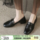 ZHR樂(lè )福鞋女一腳蹬真牛皮粗跟單鞋懶人鞋方頭舒適英倫皮鞋女BL66黑40