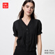 優(yōu)衣庫女裝棉質(zhì)提花V領(lǐng)襯衫/短袖襯衣483881 09 黑色 XL