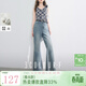 三彩獨醒2025夏季新款收腰牛仔褲純棉甜酷毛邊燙鉆喇叭褲長(cháng)褲F 霧霾藍 S 155/64A