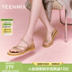 天美意拖鞋女坡跟條帶軟底外穿涼鞋舒適簡(jiǎn)約百搭時(shí)尚女鞋CTI20BT4 粉金 35